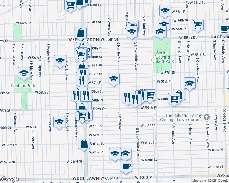 map of restaurants, bars, coffee shops, grocery stores, and more near 3808 West 57th Place in Chicago