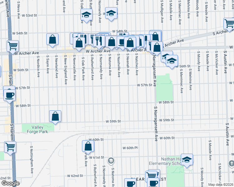map of restaurants, bars, coffee shops, grocery stores, and more near 5701 South Natoma Avenue in Chicago