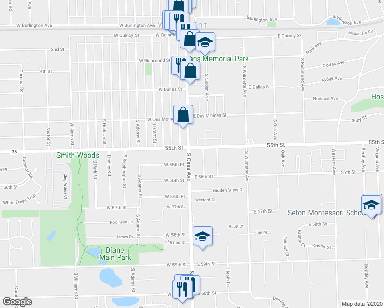map of restaurants, bars, coffee shops, grocery stores, and more near in Westmont