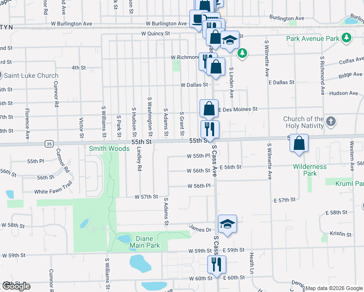 map of restaurants, bars, coffee shops, grocery stores, and more near 334 South Grant Street in Westmont