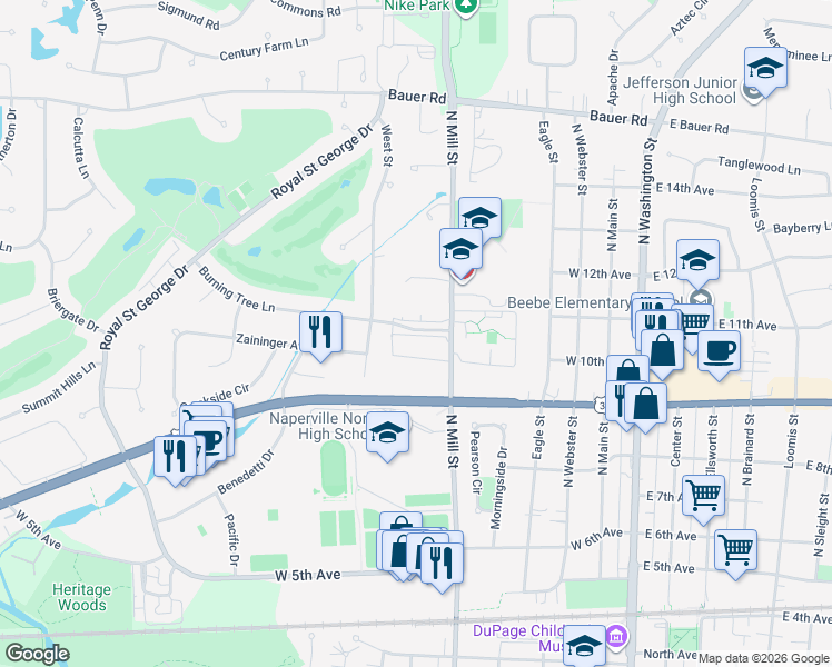 map of restaurants, bars, coffee shops, grocery stores, and more near 474 Laura Court in Naperville