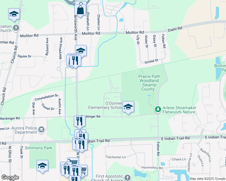map of restaurants, bars, coffee shops, grocery stores, and more near 1570 McClure Road in Aurora