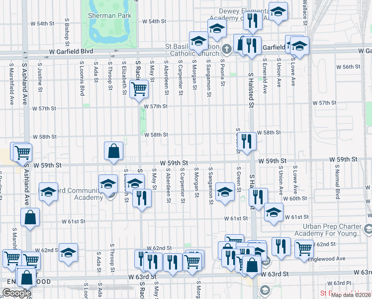 map of restaurants, bars, coffee shops, grocery stores, and more near 5805 South Carpenter Street in Chicago