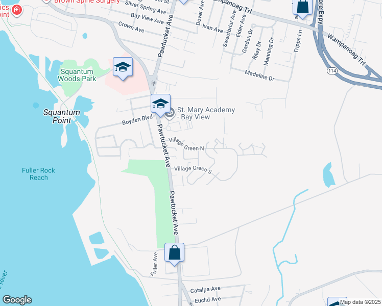 map of restaurants, bars, coffee shops, grocery stores, and more near 19 Village Green North in East Providence