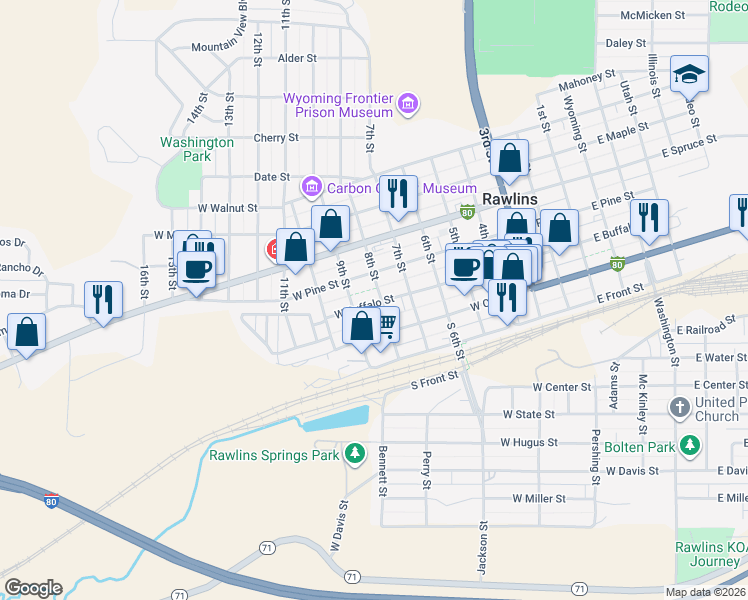 map of restaurants, bars, coffee shops, grocery stores, and more near 700-798 West Pine Street in Rawlins