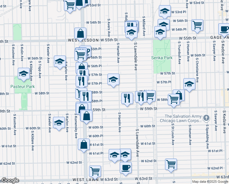 map of restaurants, bars, coffee shops, grocery stores, and more near 3826 West 58th Street in Chicago
