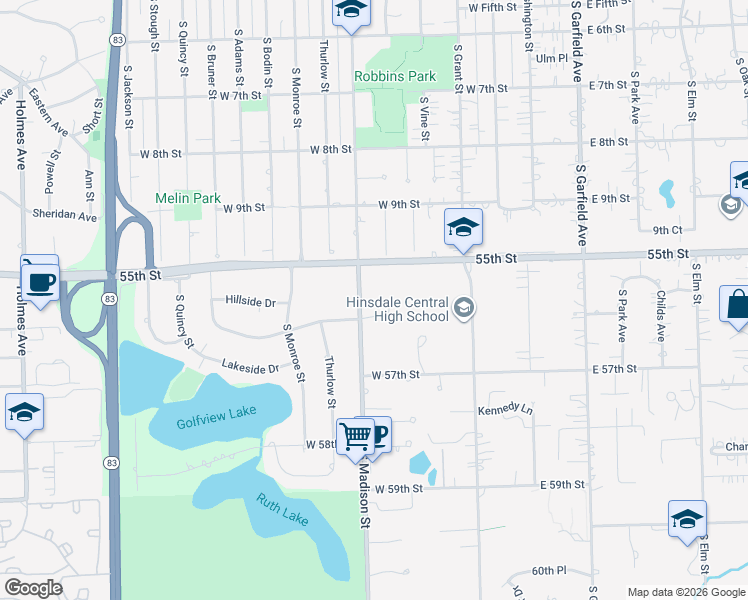 map of restaurants, bars, coffee shops, grocery stores, and more near 5539 South Madison Street in Hinsdale