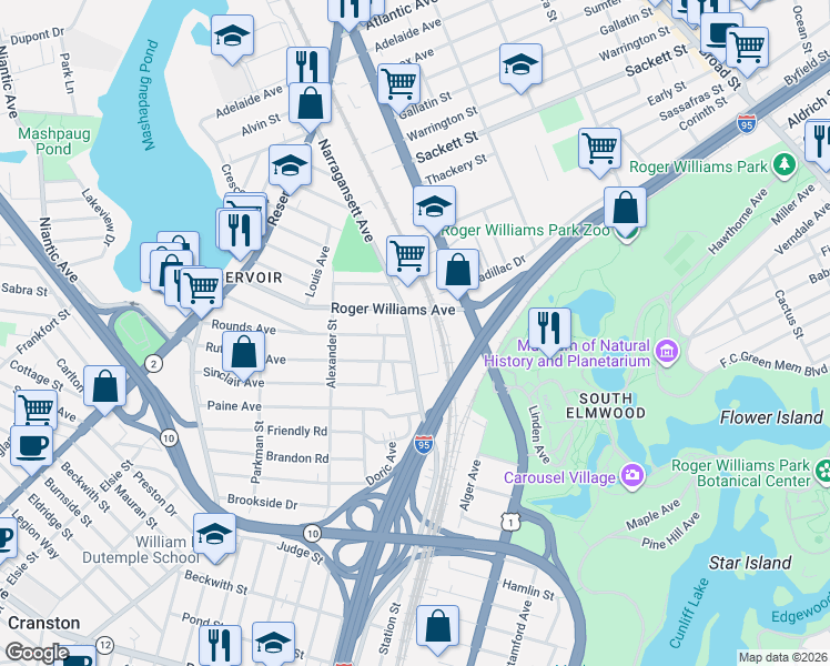 map of restaurants, bars, coffee shops, grocery stores, and more near 101 Roger Williams Avenue in Providence