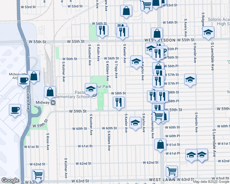 map of restaurants, bars, coffee shops, grocery stores, and more near 5756 South Tripp Avenue in Chicago
