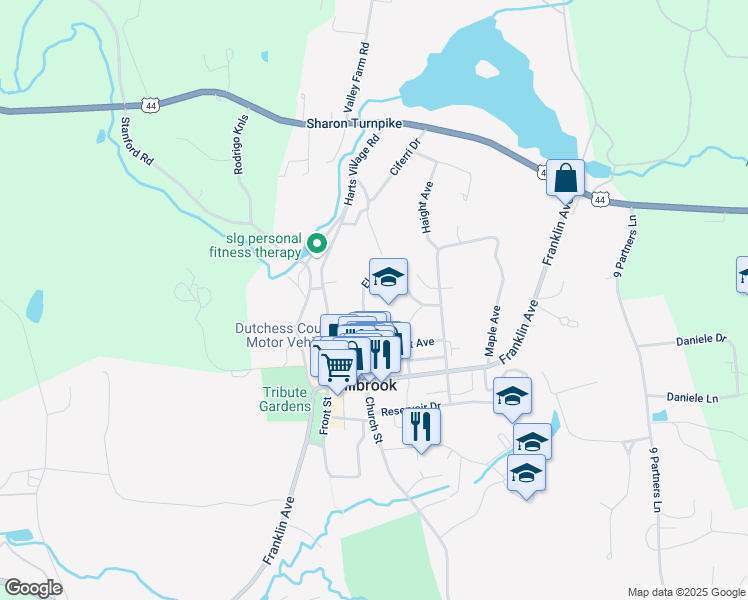 map of restaurants, bars, coffee shops, grocery stores, and more near 30 Elm Drive in Millbrook
