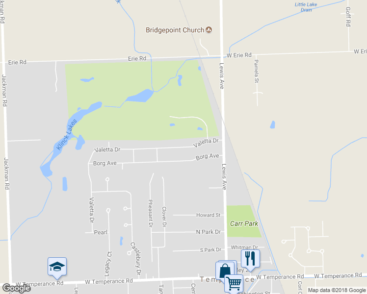 map of restaurants, bars, coffee shops, grocery stores, and more near 1098 Valetta Drive in Temperance