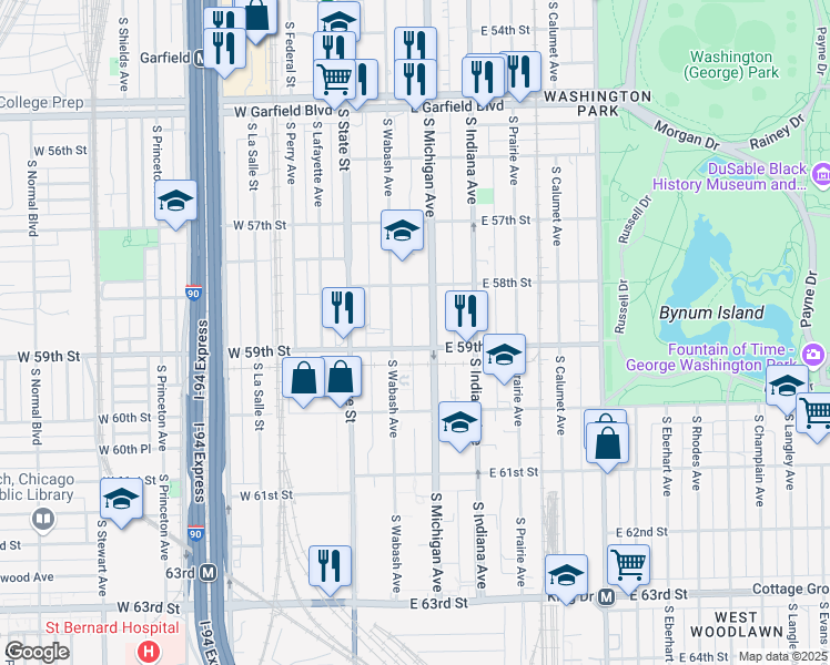 map of restaurants, bars, coffee shops, grocery stores, and more near 5838 South Michigan Avenue in Chicago