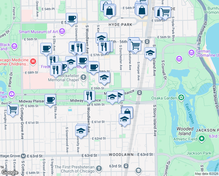 map of restaurants, bars, coffee shops, grocery stores, and more near 1362 East 59th Street in Chicago