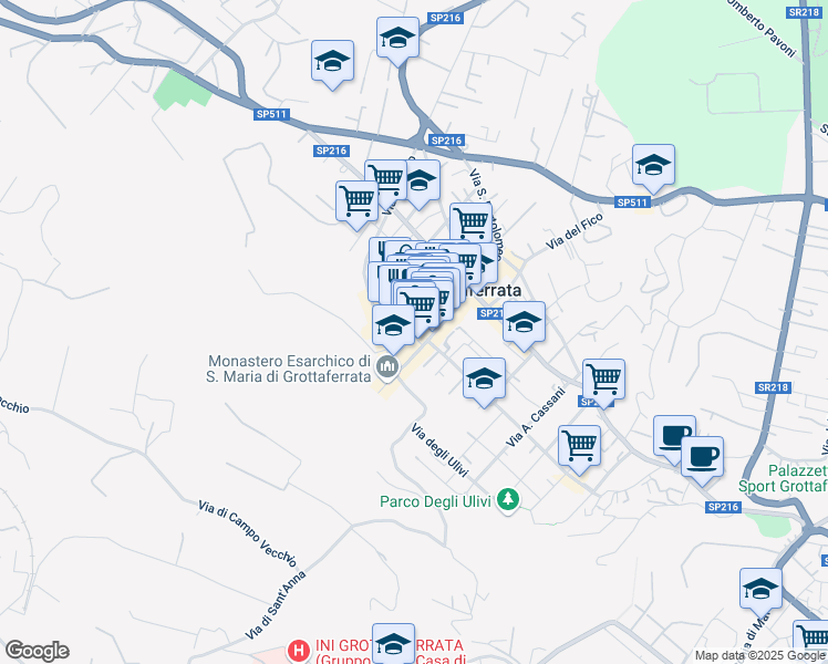 map of restaurants, bars, coffee shops, grocery stores, and more near 1 Via Principe Amedeo in Grottaferrata