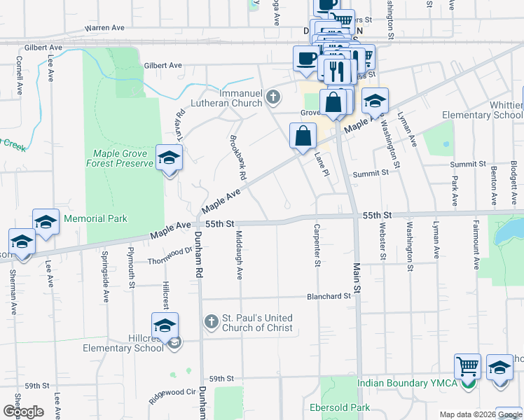 map of restaurants, bars, coffee shops, grocery stores, and more near 5410 Brookbank Road in Downers Grove