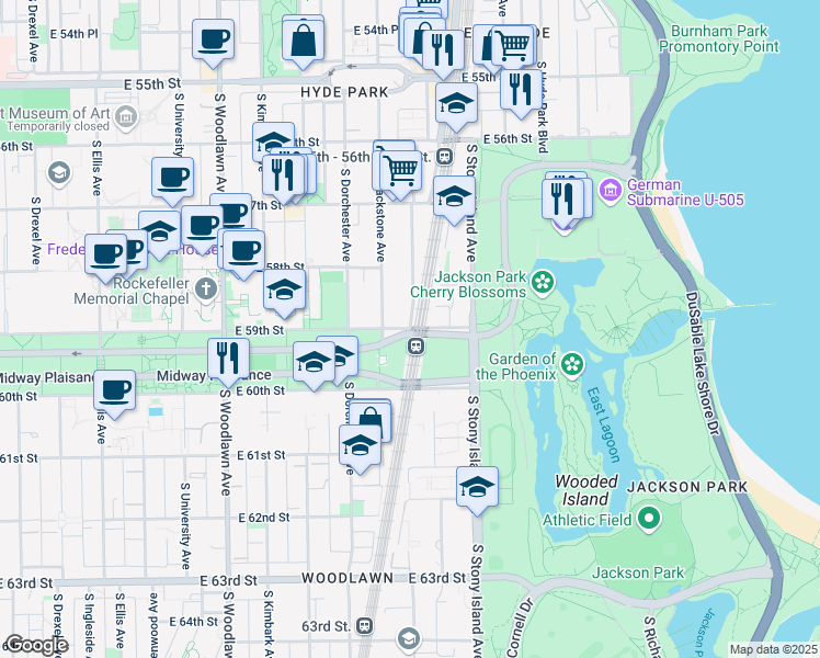 map of restaurants, bars, coffee shops, grocery stores, and more near S Harper Ave & E 59th St in Chicago