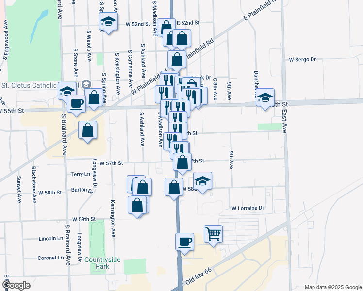 map of restaurants, bars, coffee shops, grocery stores, and more near in Countryside