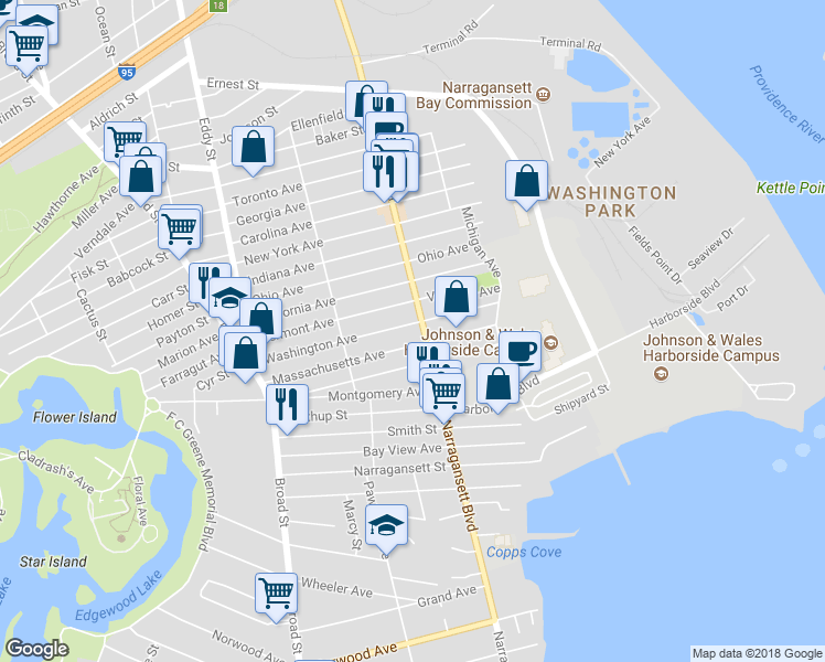 map of restaurants, bars, coffee shops, grocery stores, and more near 170 Washington Avenue in Providence