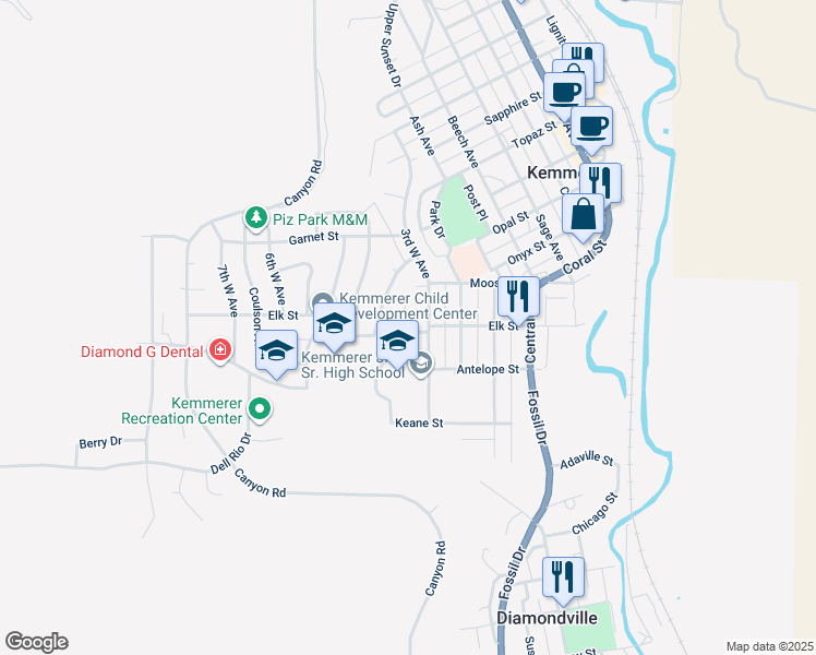 map of restaurants, bars, coffee shops, grocery stores, and more near 911 Elk Street in Kemmerer