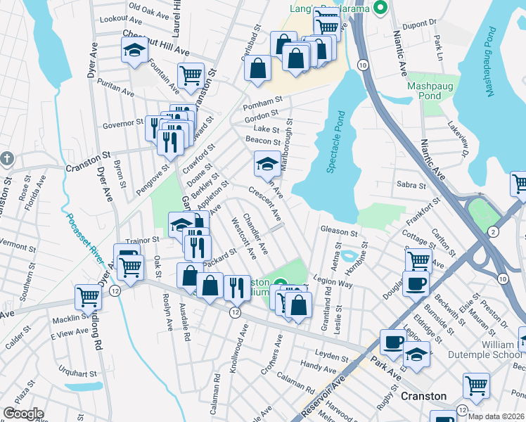 map of restaurants, bars, coffee shops, grocery stores, and more near 7 Wessex Street in Cranston