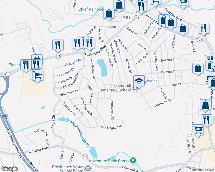 map of restaurants, bars, coffee shops, grocery stores, and more near 40 Stone Drive in Cranston