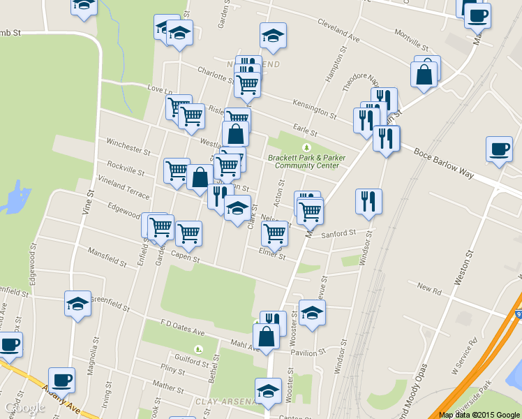 map of restaurants, bars, coffee shops, grocery stores, and more near 142 Clark Street in Hartford