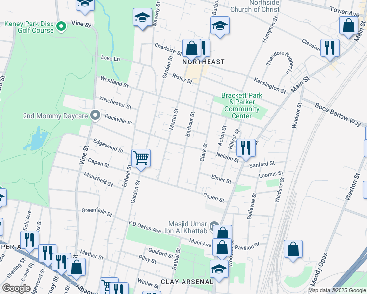 map of restaurants, bars, coffee shops, grocery stores, and more near 110 Martin Street in Hartford