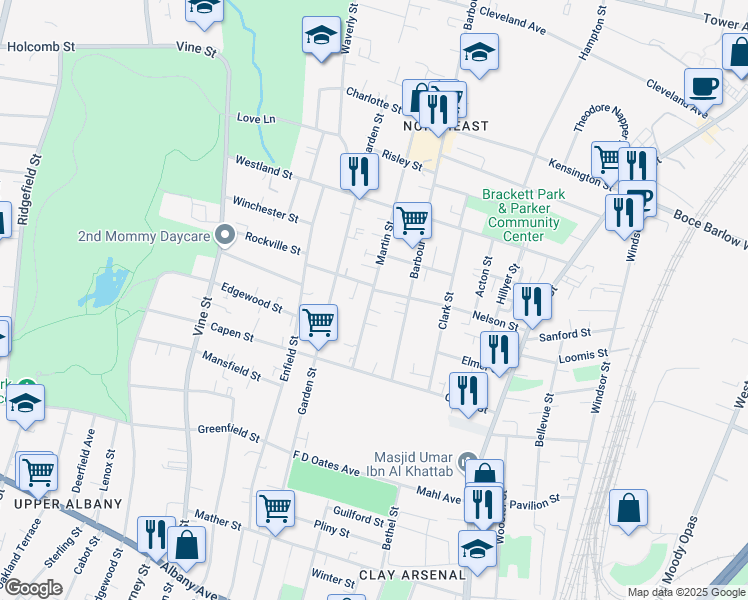 map of restaurants, bars, coffee shops, grocery stores, and more near 163 Nelson Street in Hartford