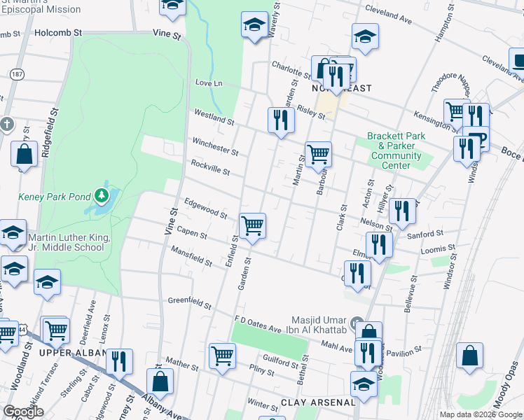 map of restaurants, bars, coffee shops, grocery stores, and more near 651 Garden Street in Hartford
