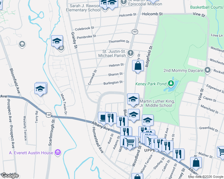 map of restaurants, bars, coffee shops, grocery stores, and more near 39 Burlington Street in Hartford