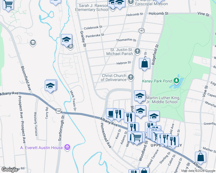 map of restaurants, bars, coffee shops, grocery stores, and more near 74 Burlington Street in Hartford