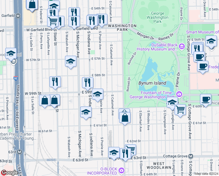 map of restaurants, bars, coffee shops, grocery stores, and more near 5818 South Calumet Avenue in Chicago