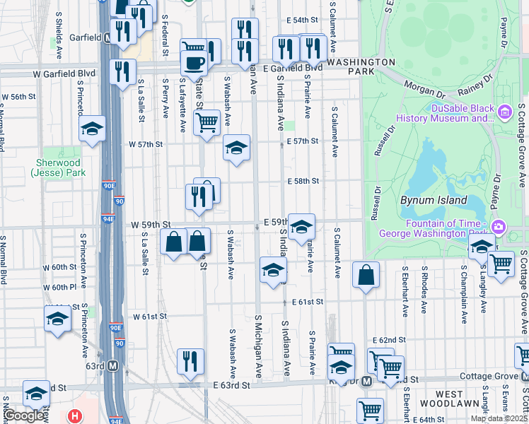 map of restaurants, bars, coffee shops, grocery stores, and more near 5824 South Michigan Avenue in Chicago