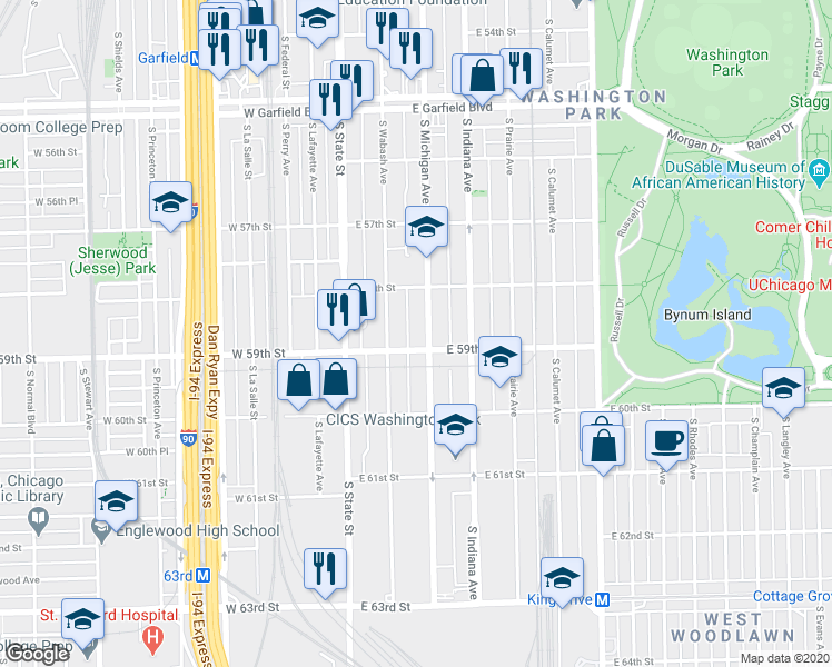 map of restaurants, bars, coffee shops, grocery stores, and more near 5824 South Michigan Avenue in Chicago