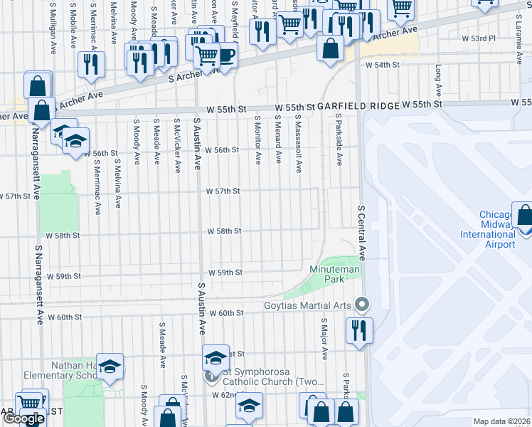 map of restaurants, bars, coffee shops, grocery stores, and more near 5715 South Monitor Avenue in Chicago
