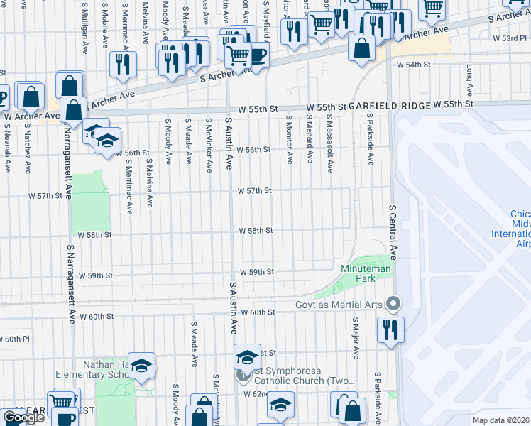 map of restaurants, bars, coffee shops, grocery stores, and more near 5710 South Mayfield Avenue in Chicago