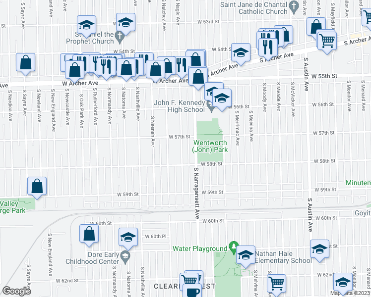 map of restaurants, bars, coffee shops, grocery stores, and more near 5700 South Nagle Avenue in Chicago