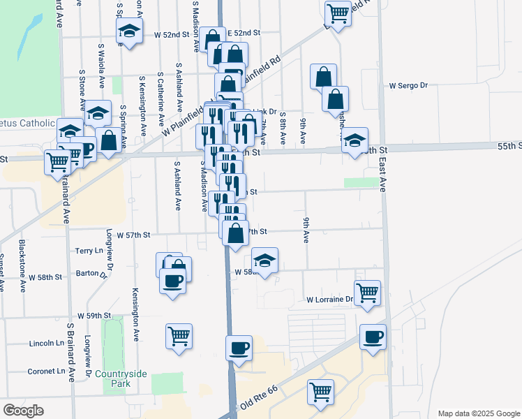 map of restaurants, bars, coffee shops, grocery stores, and more near 9908 56th Street in Countryside