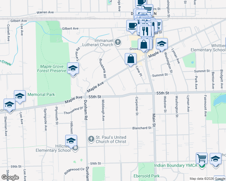 map of restaurants, bars, coffee shops, grocery stores, and more near 5410 Brookbank Road in Downers Grove