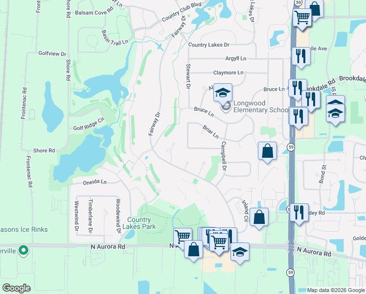 map of restaurants, bars, coffee shops, grocery stores, and more near 5S524 Gordon Terrace in Naperville