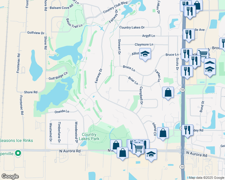 map of restaurants, bars, coffee shops, grocery stores, and more near 5S524 Gordon Terrace in Naperville