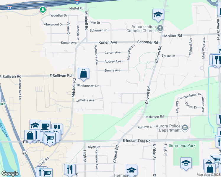 map of restaurants, bars, coffee shops, grocery stores, and more near 779 Bluebonnet Court in Aurora