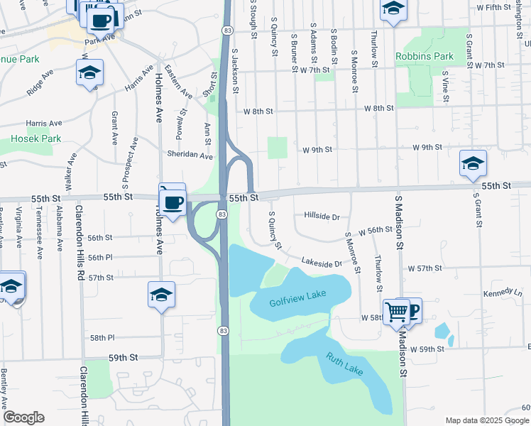 map of restaurants, bars, coffee shops, grocery stores, and more near 5524 South Quincy Street in Hinsdale