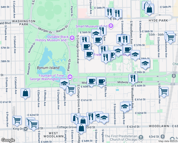 map of restaurants, bars, coffee shops, grocery stores, and more near 840 East 59th Street in Chicago