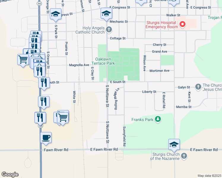 map of restaurants, bars, coffee shops, grocery stores, and more near 1303 Rolling Ridge Lane in Sturgis