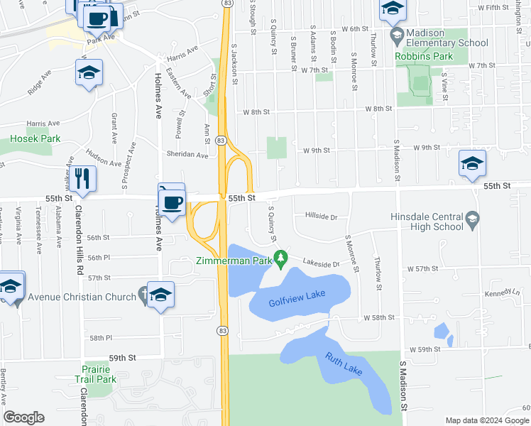 map of restaurants, bars, coffee shops, grocery stores, and more near 5524 South Quincy Street in Hinsdale