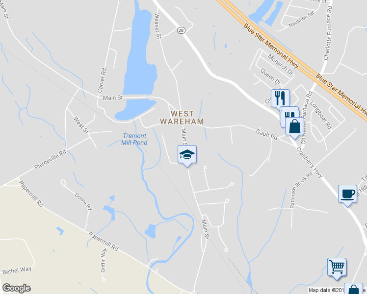 map of restaurants, bars, coffee shops, grocery stores, and more near 1014 Main Street in Wareham