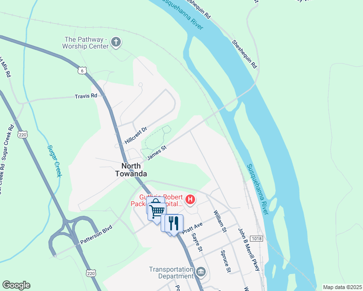 map of restaurants, bars, coffee shops, grocery stores, and more near James Street in Towanda