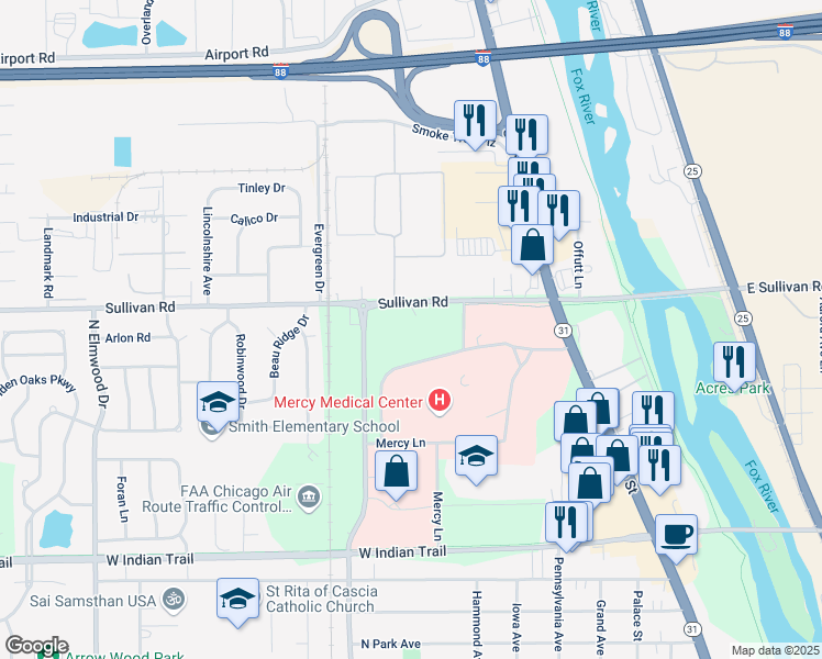 map of restaurants, bars, coffee shops, grocery stores, and more near 400 Sullivan Road in Aurora