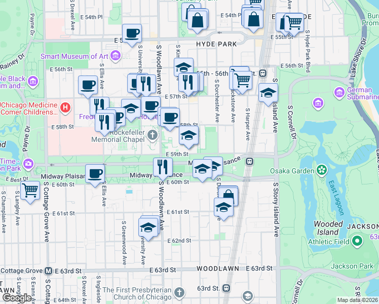 map of restaurants, bars, coffee shops, grocery stores, and more near 1362 East 59th Street in Chicago
